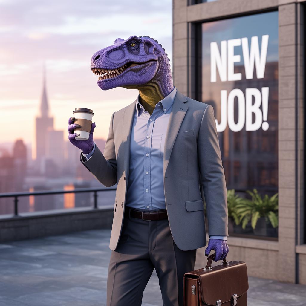Professional dinosaur with coffee representing modern job seekers getting found by employers on Jobasaurus UK job board